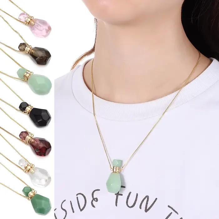 Collier avec Pendentif en Forme de Bouteille de sexuellement, Bijou Diffuseur d'Huile Essentielle en Clip, Rose Naturel, Quartz, Œil de Tigre, Cadeau