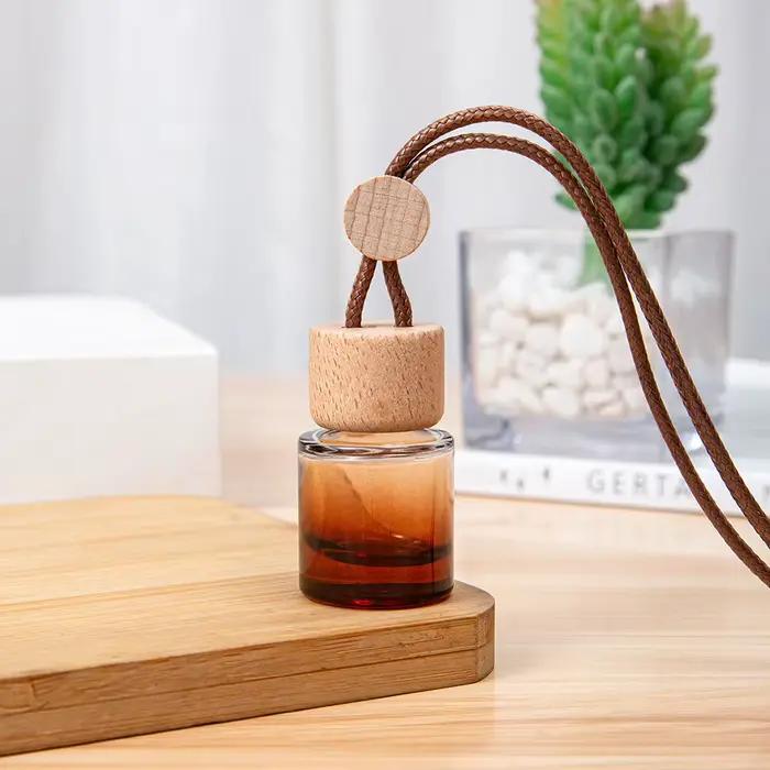 Petit flacon de parfum suspendu en verre dégradé avec bouchon en bois de hêtre pour diffuseur d'huiles essentielles voiture et aromathérapie sac