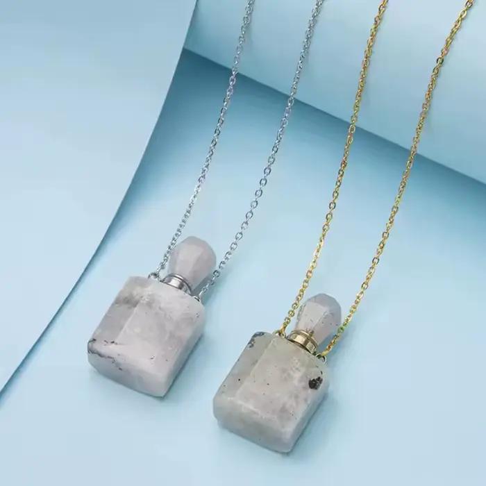 Collier pendentif bouteille de parfum en cristal naturel pour femme, pierre précieuse d'aromathérapie, acier inoxydable, vente en gros