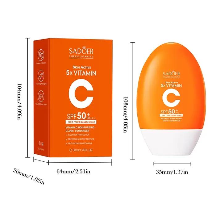 Crème solaire hydratante à la vitamine C SPF50+ PA+++ pour protection UVA UVB large spectre anti photovieillissement peau lumineuse revitalisée jeunesse douce confortable