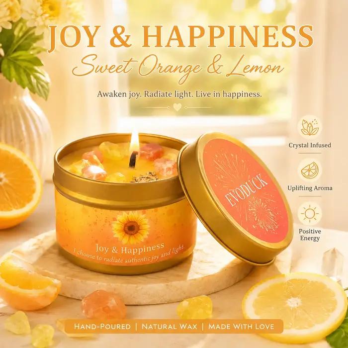Bougie parfumée cristal d'orange douce et de citron, joie, bonheur, aromathérapie, énergie positive, décoration de chambre, cadeau pour elle, ensemble en boîte de 3 oz