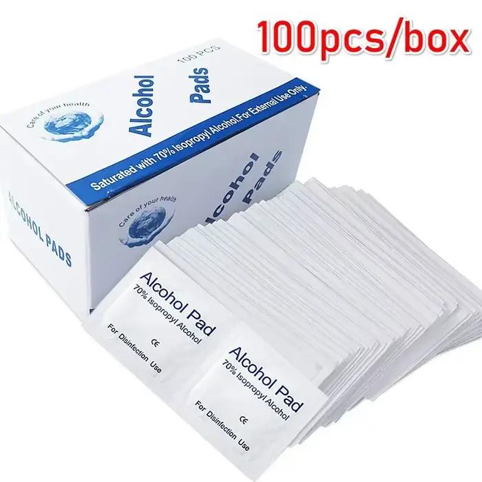Tampons de préparation d'alcool portables, 100 pièces, tampons désinfectants, lingettes nettoyantes, teneur en alcool à 70%, adaptés au nettoyage de téléphones portables
