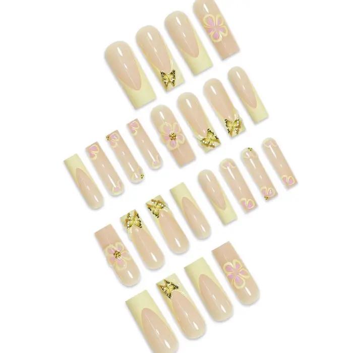 Faux ongles en forme de cercueil, longs et frais, jaune, Style français, fleur imprimée, motifs papi